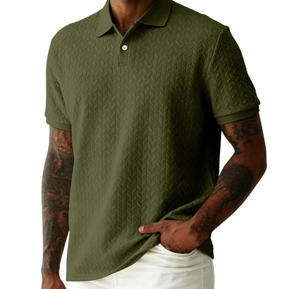 SAWOBUUN Men's Short Sleeve Textured Shirt Herringbone Button Collar Top Slim Fit Casual Summer Business Golf Shirt