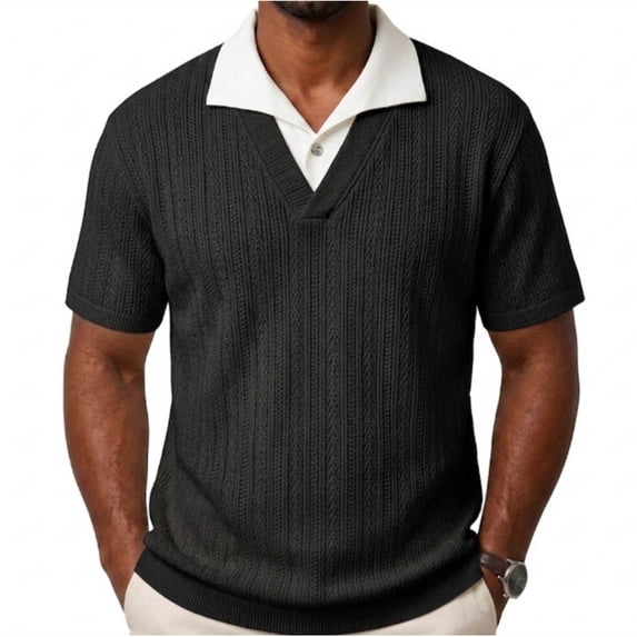 SAWOBUUN Men's Striped Textured Knit Shirt V Neck Casual Shirt Short Sleeve Contrast Collar Pullover Top Breathable Summer Golf Tee