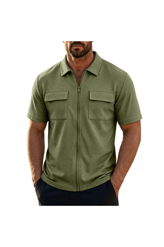 Men's Texture Zip Front Jacket Short Sleeve Collared Sport Top Casual Athletic Outerwear