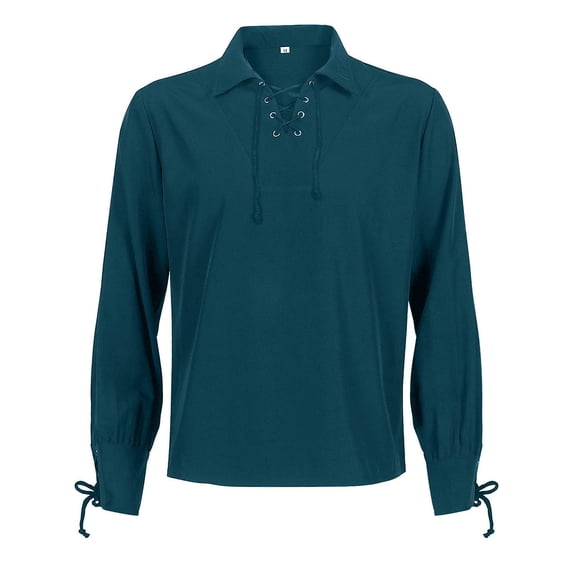 SAWOBUUN Men's Vintage Shirt V Neck Lacing Long Sleeve Solid Top Adjustable Drawstring Cuffs Casual Shirt