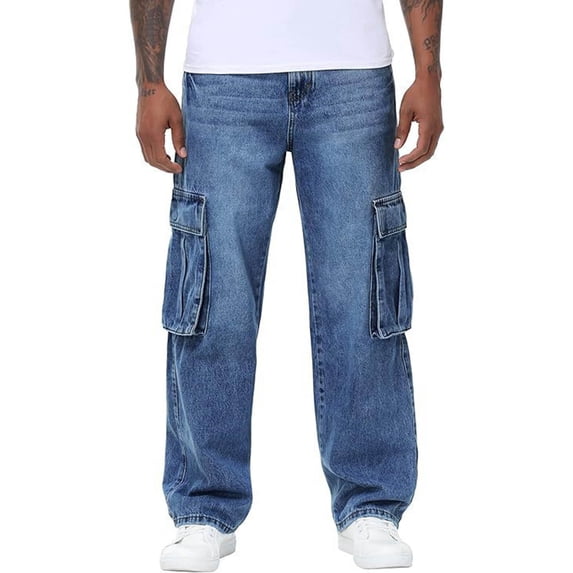 SAWOBUUN Men's Wide Leg Cargo Jeans Straight Leg Denim Pants Stretchy Loose Fit Trousers