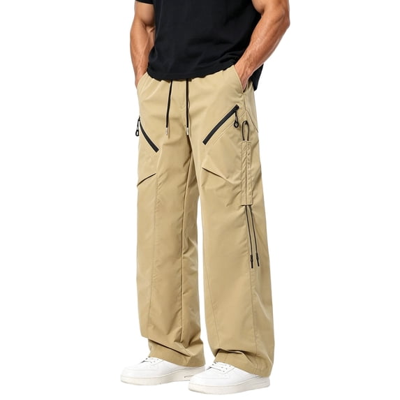 SAWOBUUN Men's Wide Leg Cargo Pants Drawstring Waist Relaxed Fit Casual Sweatpants with Zipper Pockets