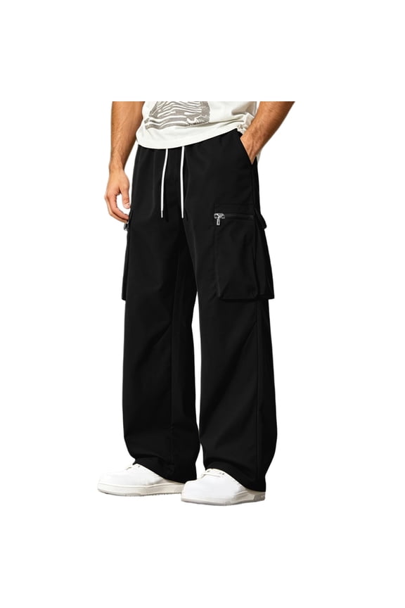 Men's Wide Leg Cargo Pants Loose Fit Straight Leg Drawstring Trousers Streetwear Parachute Pants with Pockets