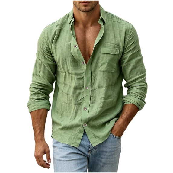 SAWOBUUN Mens Button Down Shirt Long Sleeve Collared Crinkle Casual Beach Holiday Shirts