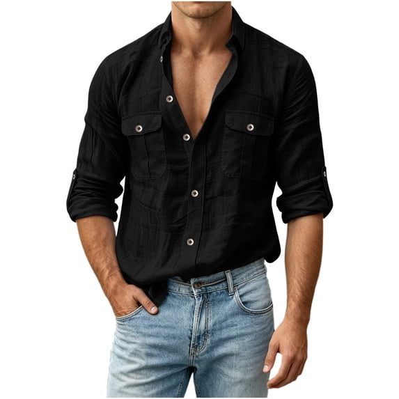 SAWOBUUN Mens Button Down Shirt Long Sleeve Turn Down Collar Roll Up Cuff Casual Beach Shirt with Chest Pockets