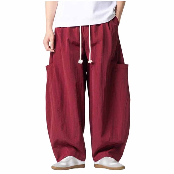 SAWOBUUN Mens Casual Barrel Pants Wide Leg Elastic Waist Drawstring Loose Fit Trousers Casual Summer Streetwear with Side Pockets