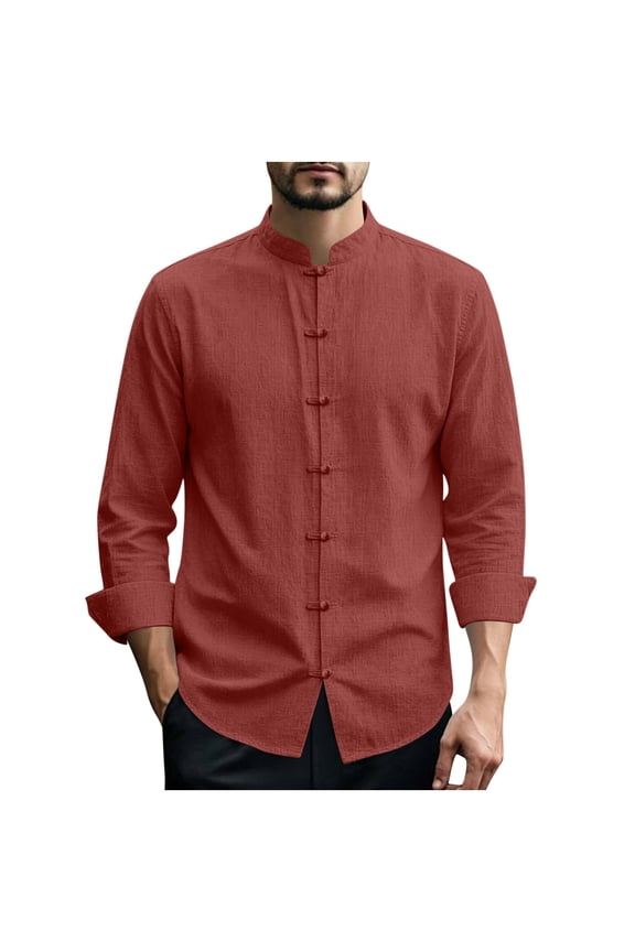 Mens Chinese Style Linen Shirt Long Sleeve Mandarin Collar Casual Tang Suit Button Down Shirt Kung Fu Tee