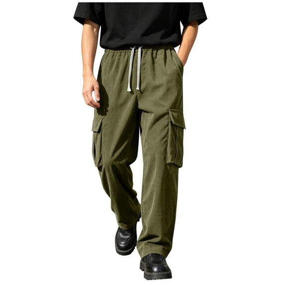 SAWOBUUN Mens Corduroy Cargo Pants Wide Leg Drawstring Elastic Waist Trousers Loose Fit Streetwear Casual Pants with Pockets