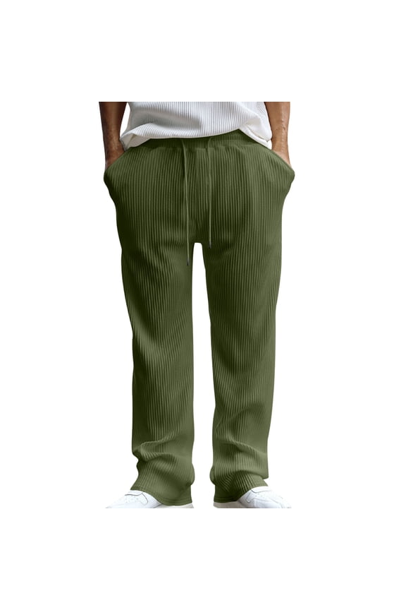 Mens Corduroy Pants Straight Leg Elastic Drawstring Waist Soft Stretch Relaxed Fit Trousers with Pockets