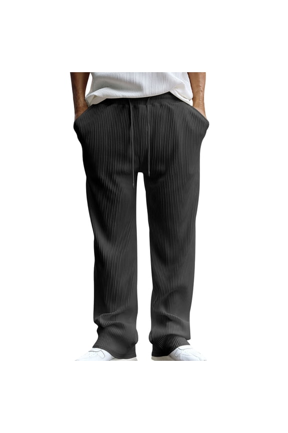 Mens Corduroy Pants Straight Leg Elastic Drawstring Waist Soft Stretch Relaxed Fit Trousers with Pockets