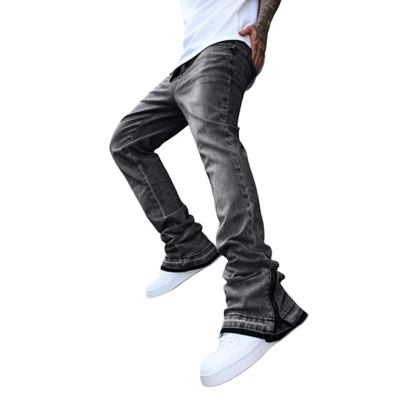 SAWOBUUN Mens Flare Jeans Y2K Streetwear Vintage Washed Denim Pants with Ankle Zippers Hip Hop Trousers