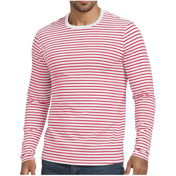 SAWOBUUN Mens Long Sleeve Striped T-Shirt Crew Neck Casual Basic Stripes Pullover Tee Tops