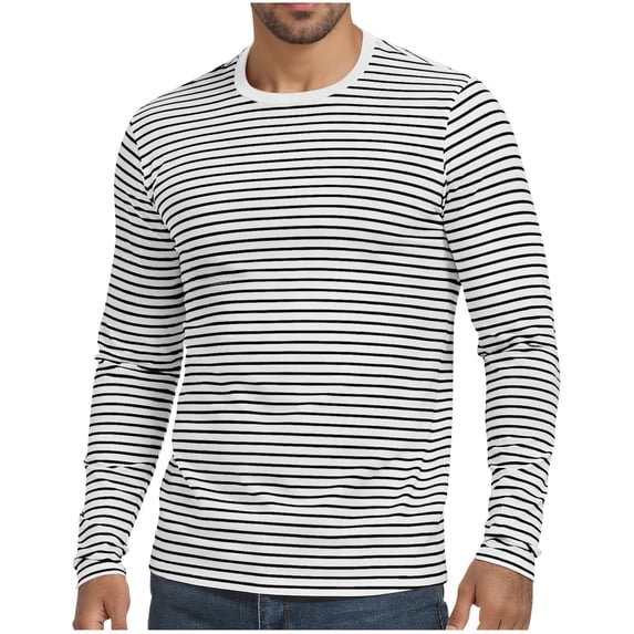 SAWOBUUN Mens Long Sleeve Striped T-Shirt Crew Neck Casual Basic Stripes Pullover Tee Tops