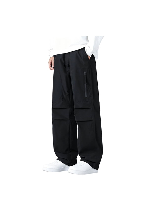 Mens Parachute Pants Heavyweight Wide Leg Loose Lightweight Drawstring Waist Hip Hop Cargo Pants with Multi Pockets