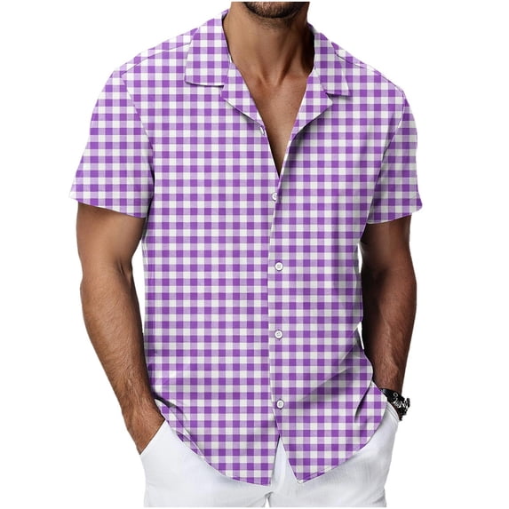 SAWOBUUN Mens Plaid Button Down Shirt Short Sleeve Casual Summer Dress Shirs Lightweight Beach Vacation Tops