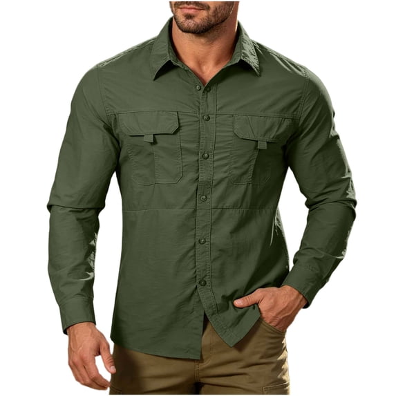 SAWOBUUN Mens Quick Dry Shirt Long Sleeve Button Down Collared Hiking Fishing Top Breathable Loose Fit Outdoor Work Shirt