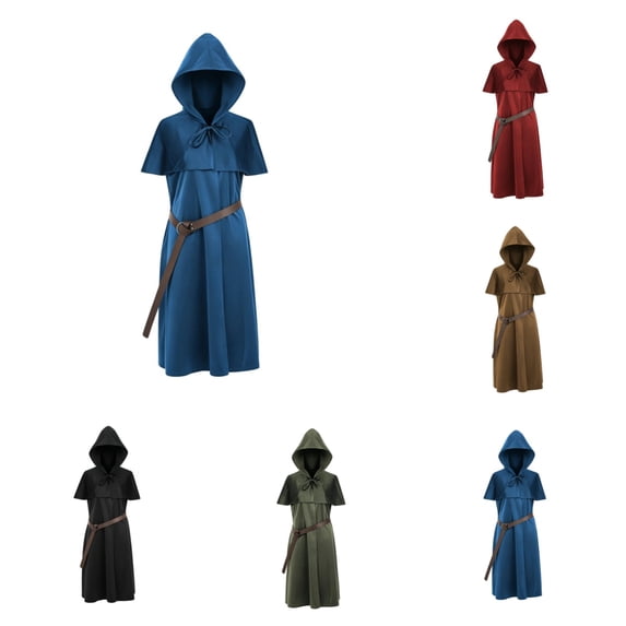 SAWOBUUN Mens Renaissance Set Medieval with Hooded Surcoat Leather Belt Ren Faire Halloween Outfit