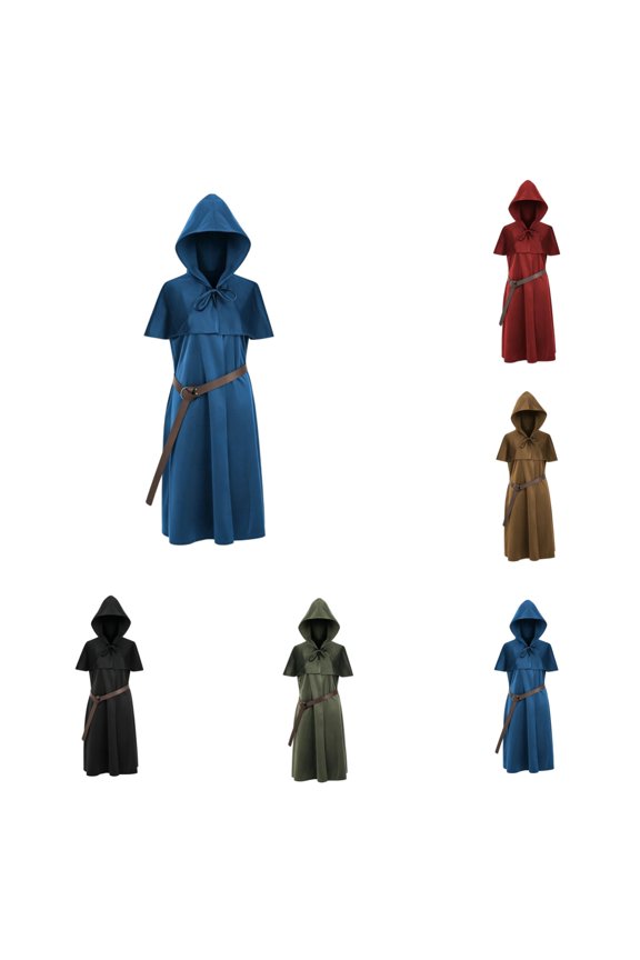 Mens Renaissance Set Medieval with Hooded Surcoat Leather Belt Ren Faire Halloween Outfit