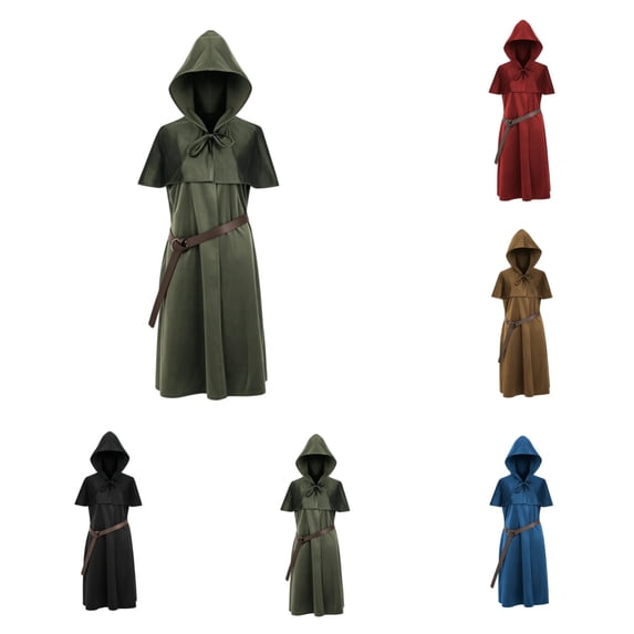 SAWOBUUN Mens Renaissance Set Medieval with Hooded Surcoat Leather Belt Ren Faire Halloween Outfit