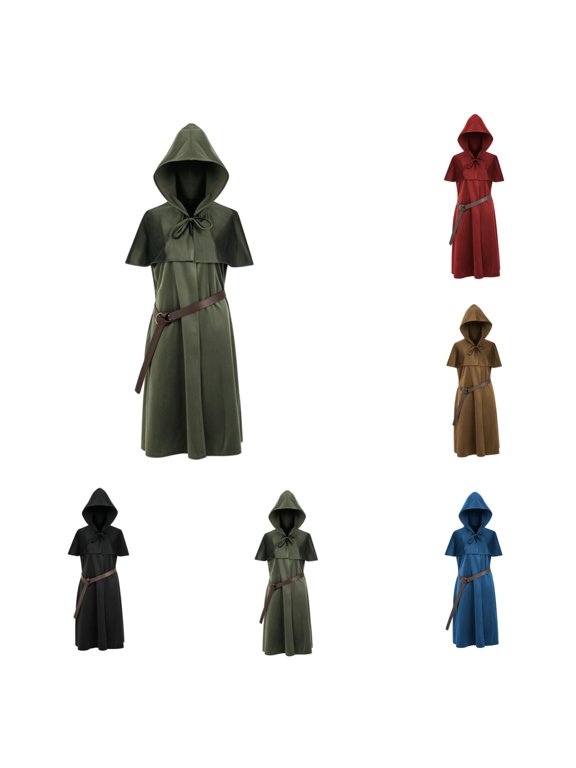 Mens Renaissance Set Medieval with Hooded Surcoat Leather Belt Ren Faire Halloween Outfit