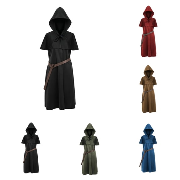 SAWOBUUN Mens Renaissance Set Medieval with Hooded Surcoat Leather Belt Ren Faire Halloween Outfit
