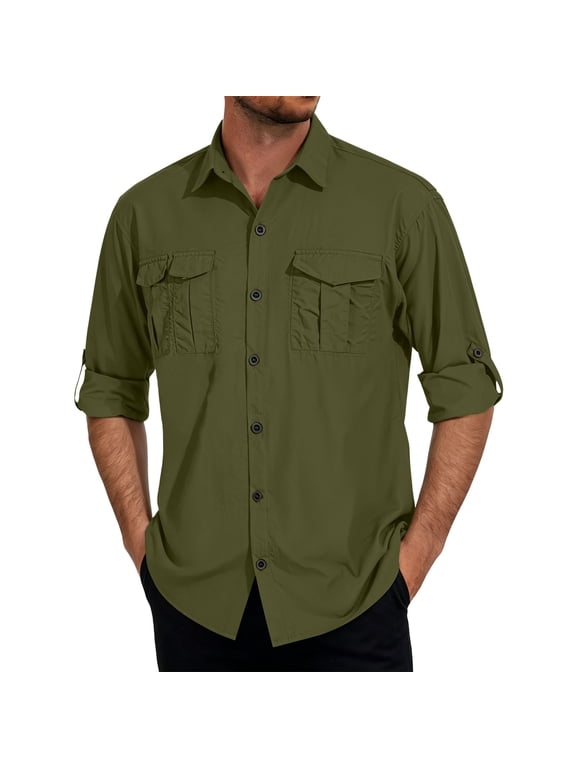 Mens UPF 50+ Button Down Shirt Long Sleeve Sun Protection Quick Dry Roll Up Cuff Fishing Hiking Shirt