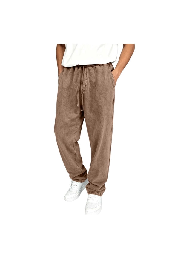 Mens Washed Casual Pants Drawstring Elastic Waist Relaxed Fit Joggers Trousers with Pockets