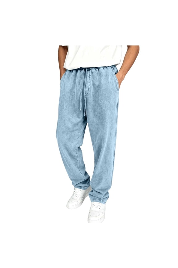 Mens Washed Casual Pants Drawstring Elastic Waist Relaxed Fit Joggers Trousers with Pockets