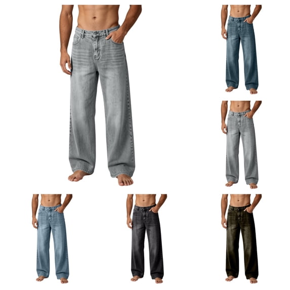 SAWOBUUN Mens Wide Leg Baggy Jeans Loose Fit Straight Denim Pants Vintage Wash Classic Denim Trousers