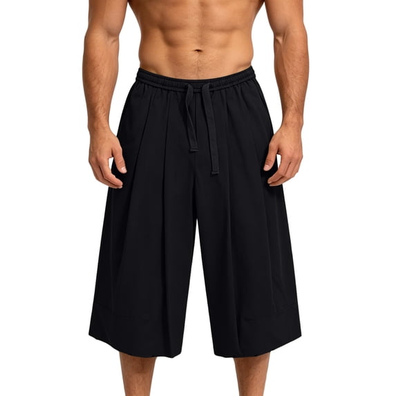 SAWOBUUN Mens Wide Leg Capri Pants Drawstring Elastic Waist Casual Summer Lightweight Breathable Loose Fit Trousers