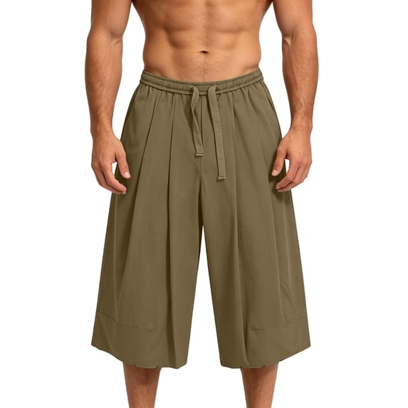 SAWOBUUN Mens Wide Leg Capri Pants Drawstring Elastic Waist Casual Summer Lightweight Breathable Loose Fit Trousers