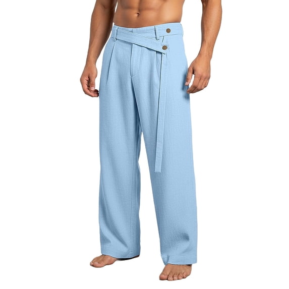 SAWOBUUN Mens Wide Leg Pants Asymmetrical Waist Unique Belted Design Loose Fit Trousers Stylish Casual Summer Pants