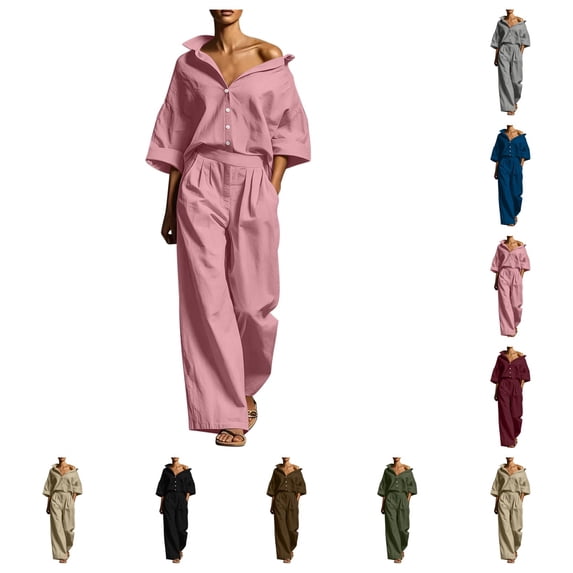 SAWOBUUN Two Piece Sets for Women Long Sleeve Button Down Shirt Wide Leg Pants Casual Tracksuit Lounge Sets