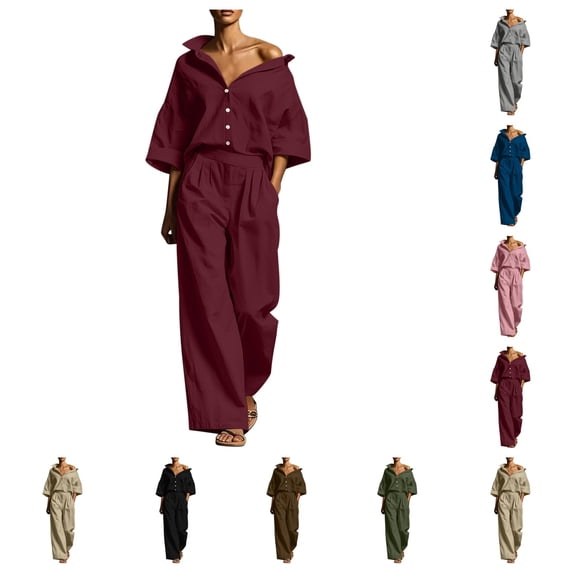 SAWOBUUN Two Piece Sets for Women Long Sleeve Button Down Shirt Wide Leg Pants Casual Tracksuit Lounge Sets