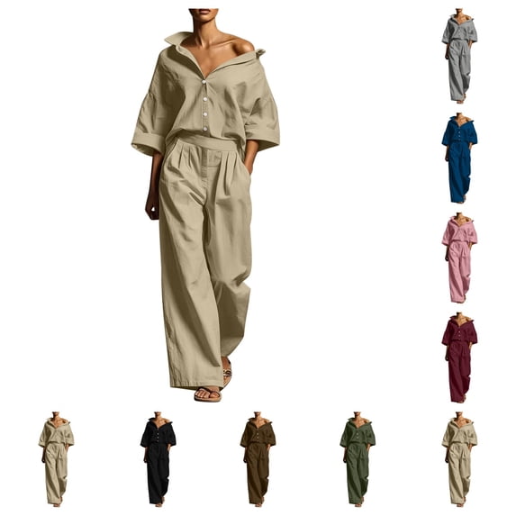SAWOBUUN Two Piece Sets for Women Long Sleeve Button Down Shirt Wide Leg Pants Casual Tracksuit Lounge Sets