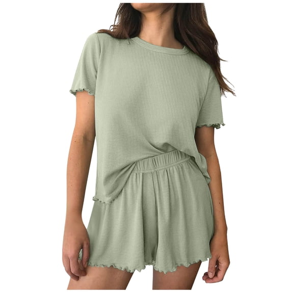 SAWOBUUN Two Piece Womens Pajama Sets Ribbed Short Sleeve Sleepwear and Shorts Casual Lounge Sets Summer Outfits