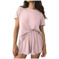 thumbnail image 1 of SAWOBUUN Two Piece Womens Pajama Sets Ribbed Short Sleeve Sleepwear and Shorts Casual Lounge Sets Summer Outfits, 1 of 9