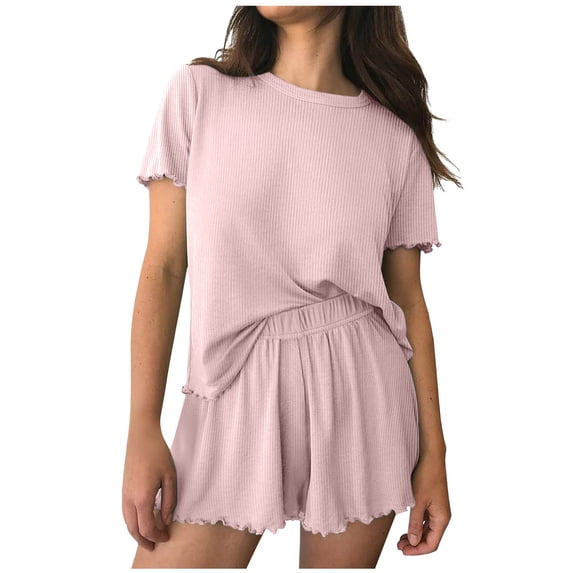 SAWOBUUN Two Piece Womens Pajama Sets Ribbed Short Sleeve Sleepwear and Shorts Casual Lounge Sets Summer Outfits