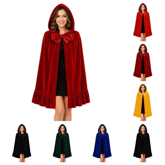 SAWOBUUN Velvet Hooded Cape with Ruffle Hem & Bow Tie Short Cloak for Women Halloween Little Red Riding Hood Party Shawl