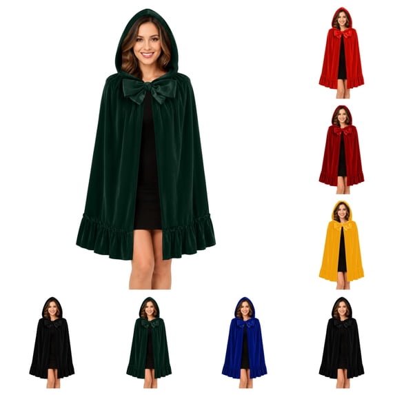 SAWOBUUN Velvet Hooded Cape with Ruffle Hem & Bow Tie Short Cloak for Women Halloween Little Red Riding Hood Party Shawl