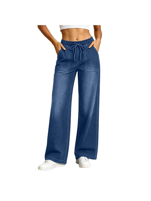 Wide Leg Jeans for Women Drawstring Elastic Waist Casual Denim Pants