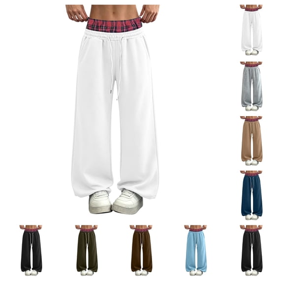 SAWOBUUN Women Baggy Double Waist Sweatpants Wide Leg Drawstring Fleece Pants Y2k Streetwear Pants