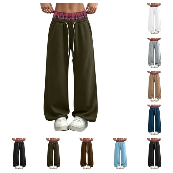 SAWOBUUN Women Baggy Double Waist Sweatpants Wide Leg Drawstring Fleece Pants Y2k Streetwear Pants