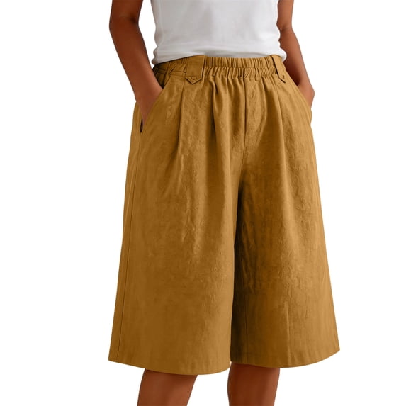 SAWOBUUN Women Bermuda Shorts High Waist Elastic Waist Wide Leg Casual Flowy Summer Shorts with Pockets