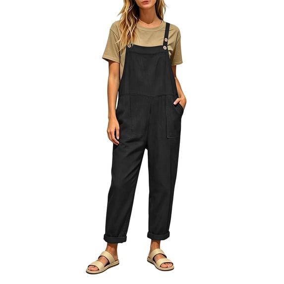 SAWOBUUN Women Casual Overalls Loose Fit Romper Sleeveless Straight Leg Casual Dungarees Long Pants