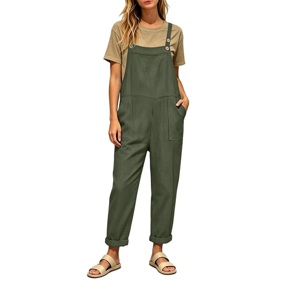 SAWOBUUN Women Casual Overalls Loose Fit Romper Sleeveless Straight Leg Casual Dungarees Long Pants