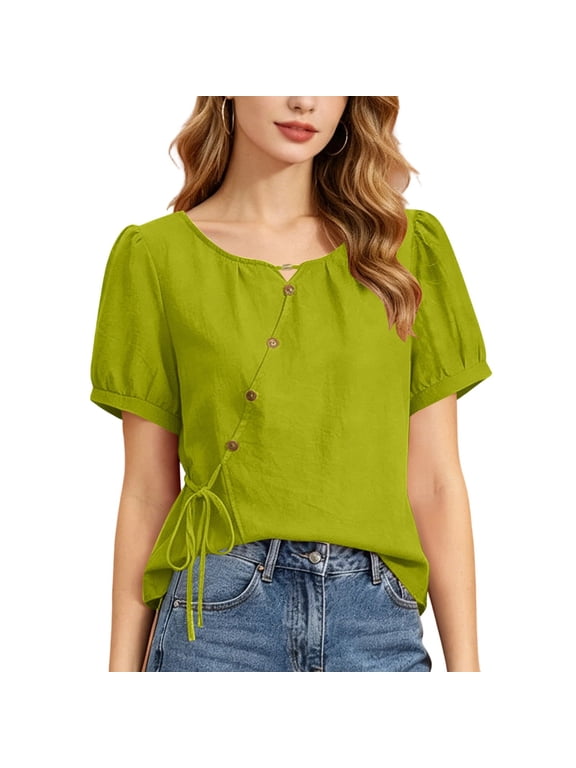 Women Casual Short Sleeve Blouse Crew Neck Button Down Top with Side Tie Loose Slim Shirt