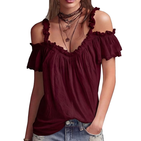 SAWOBUUN Women Cold Shoulder Ruffle Top Short Sleeve V Neck Blouse Casual Loose Fit Summer Vacation T shirt