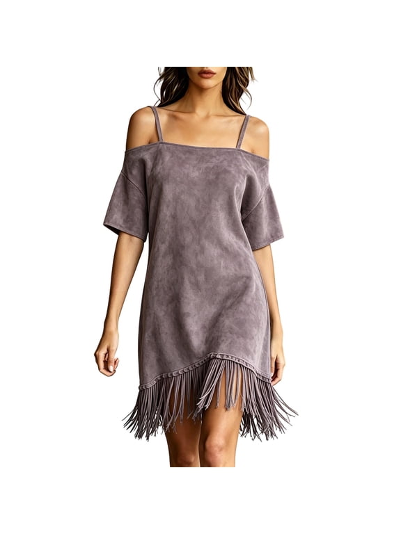 Women Cold Shoulder Suede Mini Dress Short Sleeve Tassel Fringe Hem Boho Swing Dress for Party Festival