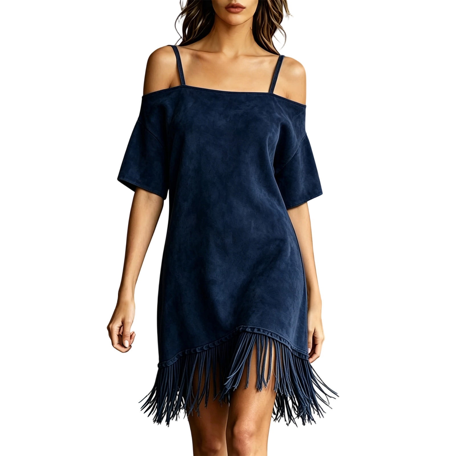 blue suede fringe dress SAWOBUUN Women Cold Shoulder Mini Short Sleeve Tassel Hem Boho Swing Dress for Party Festival Fringe maxi dress US AIR FORCE CURRENT full-price-active and avoid high heat Sizing:Asian Size